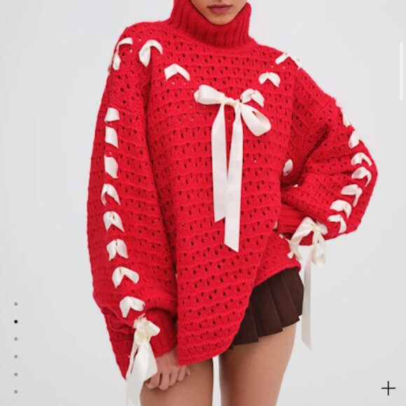 For Love And Lemons Sweaters - For Love & Lemons Liberty Oversized Sweater - Red with Ribbons